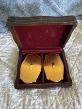 Vintage Two Hair Brush Set In Cute Wooden Box. Gold Tone Vanity Set.