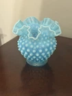 Vintage Fenton Turquoise Blue Opalescent Hobnail Ruffled Art Glass Vase 4.5"