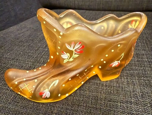 Fenton Art Glass Orange Yellow Satin Floral Slipper Shoe Handpainted 95th Anniv