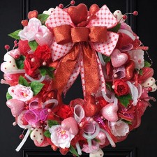 18 Inch Pink Red Mesh Valentine's Day Wreath with 3D Heart Bow Front Door Decora