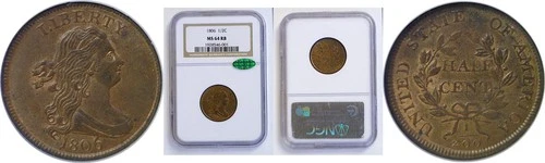1806 1/2C Draped Bust Half Cent NGC MS-64 RB CAC
