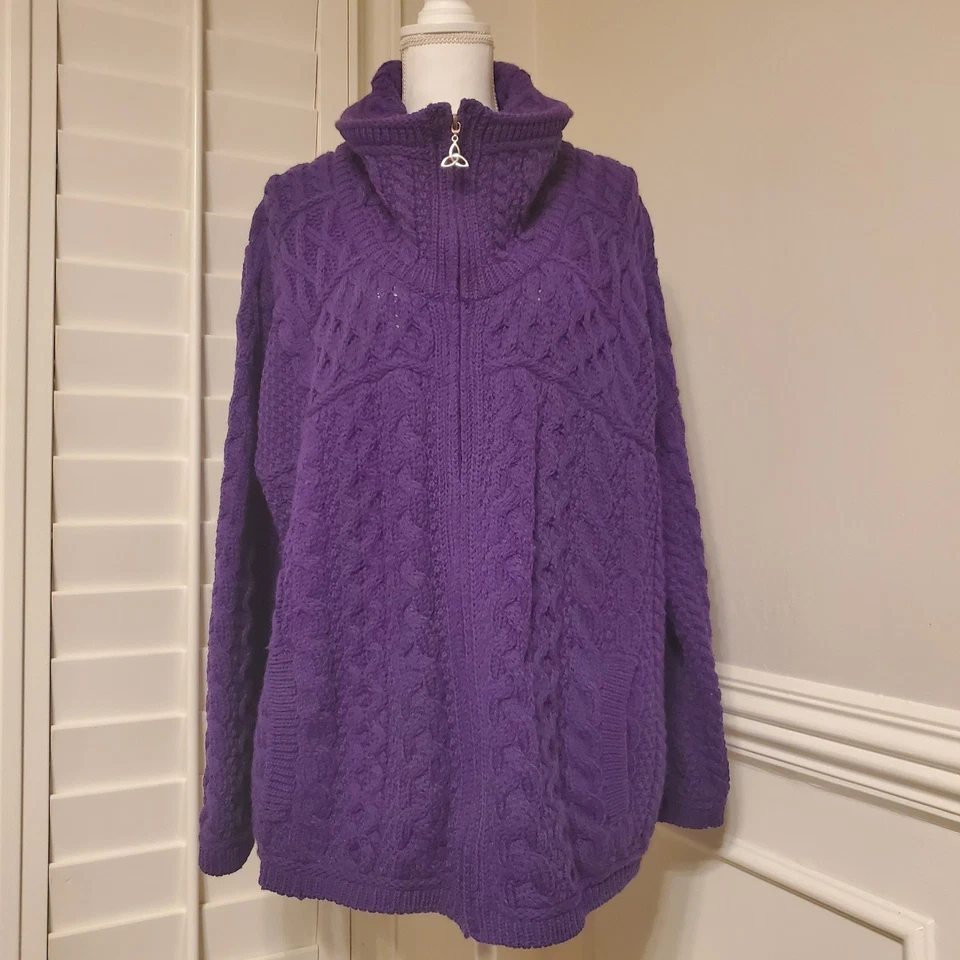 Cable Aran Crafts púrpura 100 % lana merino cremallera completa pescador hecho en Irlanda 2XX Foto 2 de 4