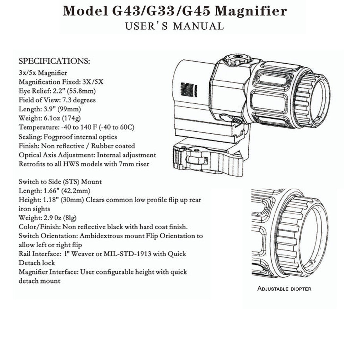 G45 5X / G43 G33 3X / Quick Detach QD Magnifier Sight Scope