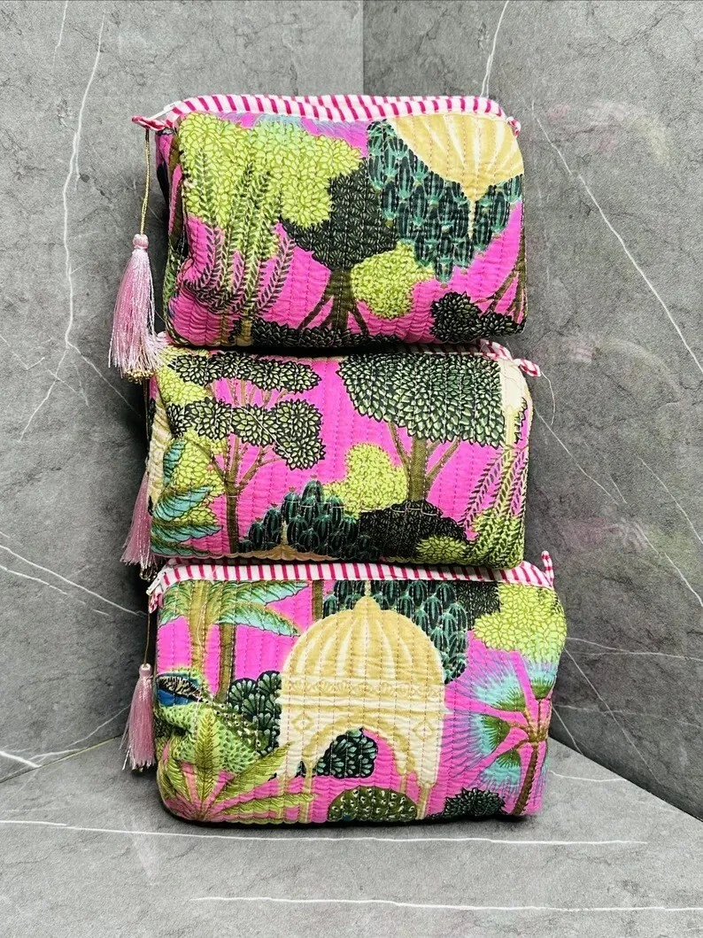 Indian Pink Floral Cotton Quilted Toiletry Purse Cosmetic Storage Bag Of 3 Pc US