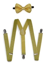 Gold Men Women Clip-on Suspender + Bow-Tie All Glitter Sequin Combo Adjustable