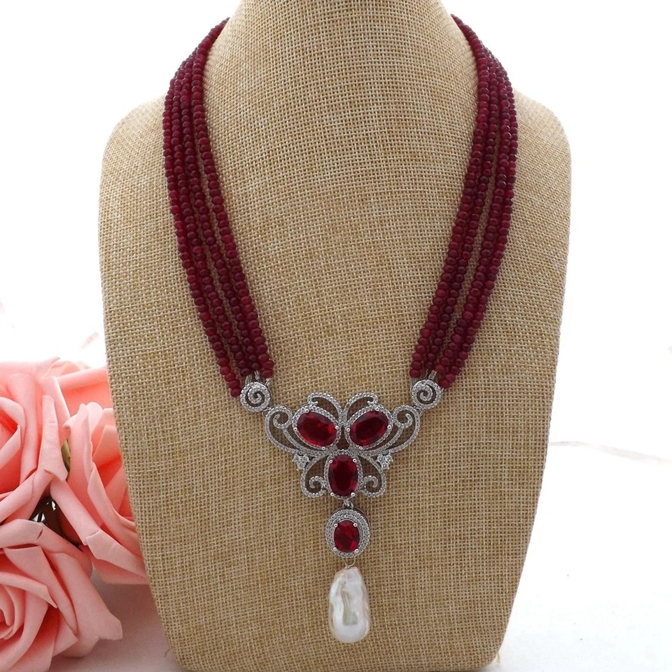 GE062306 19” 4 hilos collar de jade rojo blanco perla Keshi circonita cúbica colgante pavé Foto 2 de 4