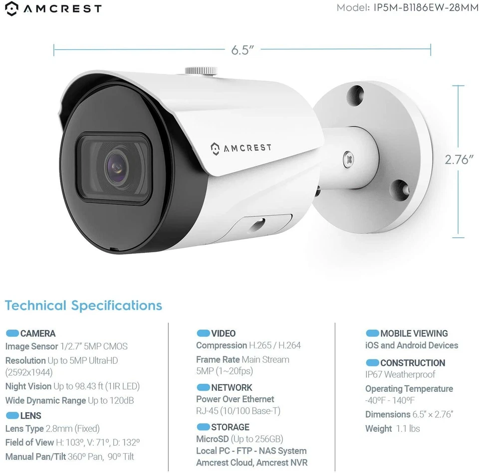 Amcrest 5MP IP5M-B1186EW UltraHD Bullet POE IP Camera Security 1 Year Warranty - Image 3 of 4