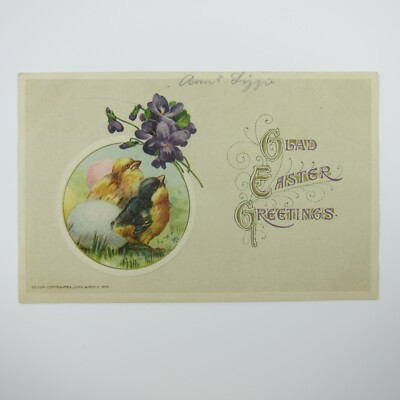 Easter Postcard Chicks Eggs Purple Flower Gold Embossed John Winsch Antique 1912