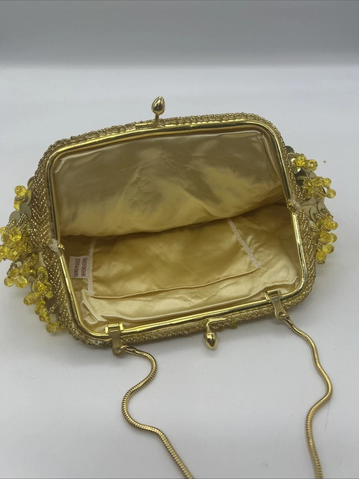 Vintage Beaded Sequin Evening Bag Clutch Disco Gold Kiss Lock Hong Kong - image 3 of 4