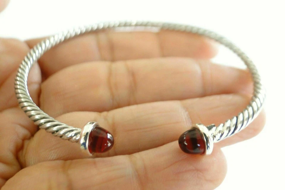 Red Garnet Ornate Balinese 925 Sterling Silver Cuff Bangle Bracelet - Image 2 of 4
