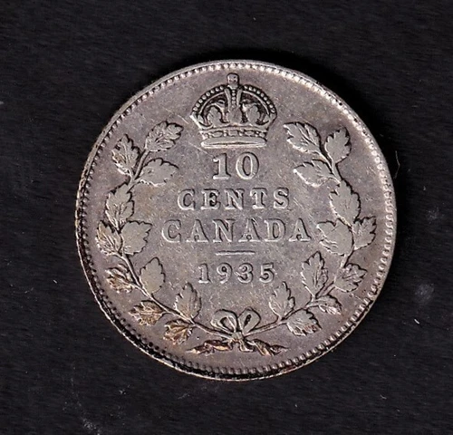 Canada 1935 10c Ten Cent Silver Coin King George V Fine .800 Silver