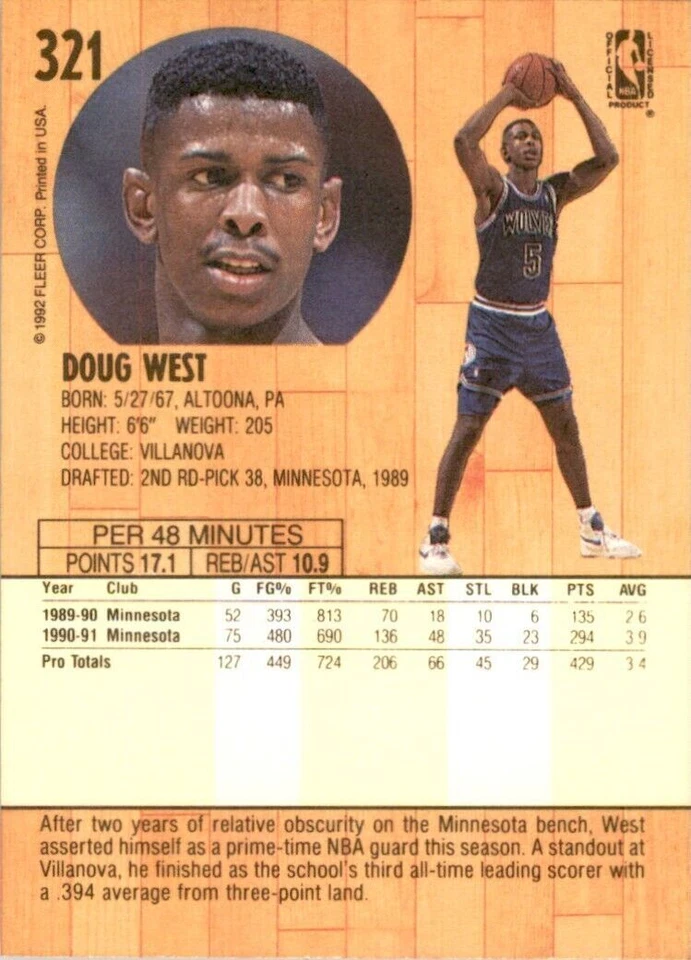 1991-92 Fleer Doug West . Minnesota Timberwolves #321 - Image 2 of 2
