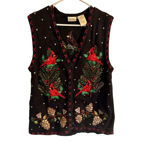 Vtg Women Holiday Sweater Vest Large Embroidered Cardinals Bobbie Brooks - Picture 3 of 13