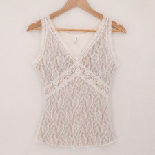 Y2K Lace Babydoll Cami Tank Top Womens Size L White Tan Coquette Fairy Layering