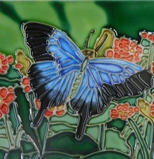 Butterfly hand painted ceramic art tile coaster 4 x 4 inches with back