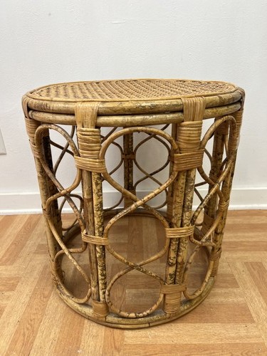 Vintage Rattan Bamboo Side Table Plant Stand Woven Top Accent Boho Chic MCM 60s - Image 1