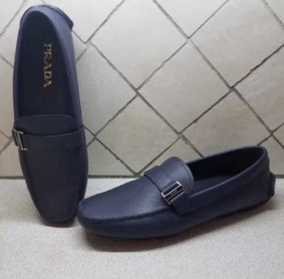 PRADA Saffiano Men s Blue Pebbled Leather Driving Buckle Loafer Shoes 8 P 9 US