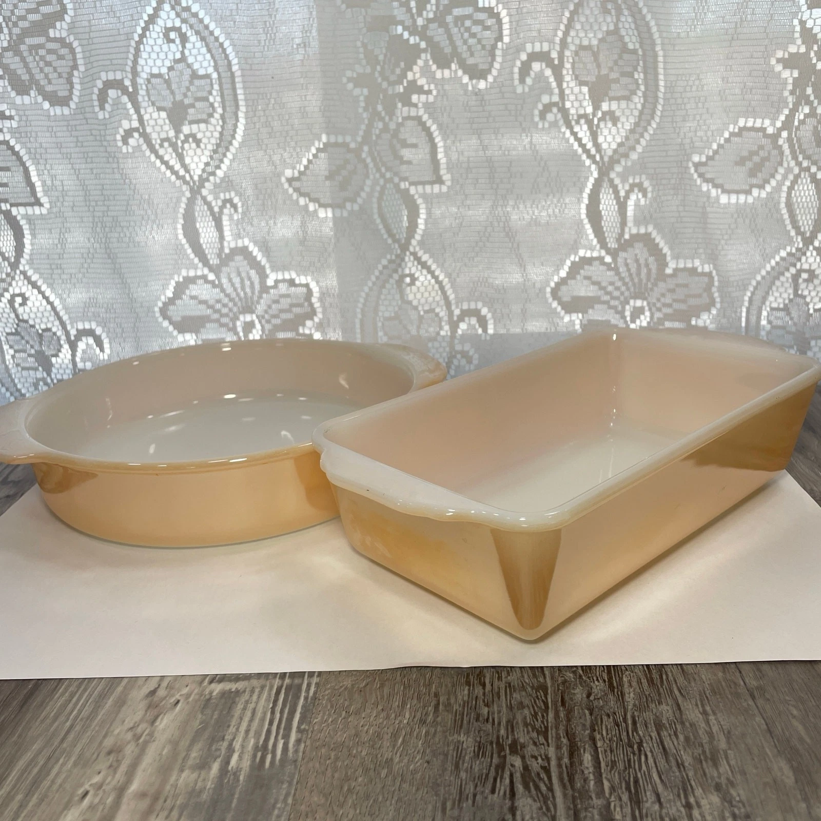 Fireking Peach Luster Iridescent Yellow Gold Casserole 450 and Loaf Dish 409 Pan