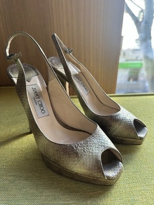Jimmy Choo Metallic Python-Effect Peep-Toe Slingback Pumps , Size 38