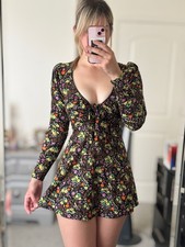 ASOS NWT floral Black Skater Dress Tie Front Long Sleeve Summer