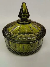 Indiana Princess #7693 Olive Green 6" Covered Glass Candy Box 1960-197'0s GRNB39
