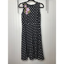 Talbots Black & White Polka Dot Floral Embroidery Belted Midi Dress Size 2P