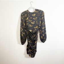 GANNI Silk Stretch Satin Mini Dress Horse Print Black Size 4 Long Sleeve