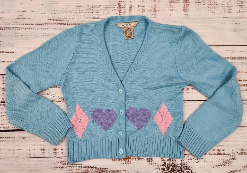 Arizona Girls Blue Argyle Heart Cardigan Sweater 6X Button Front VTG Y2K Style - Image 2 of 4