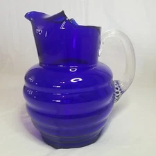 Vintage Cobalt Mid Century, Bee Hive Pitcher w/Applied Clear Ribbed Handle 8”