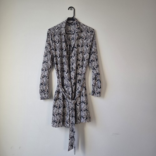 Womens Monki Shirt Dress S tiger Print Tie Belt Long Roll Tab Sleeve 