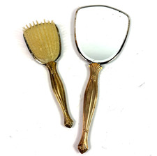 Vintage Gold Tone Vanity Hand Mirror and Hair Brush Set Mother of Pearl Shell