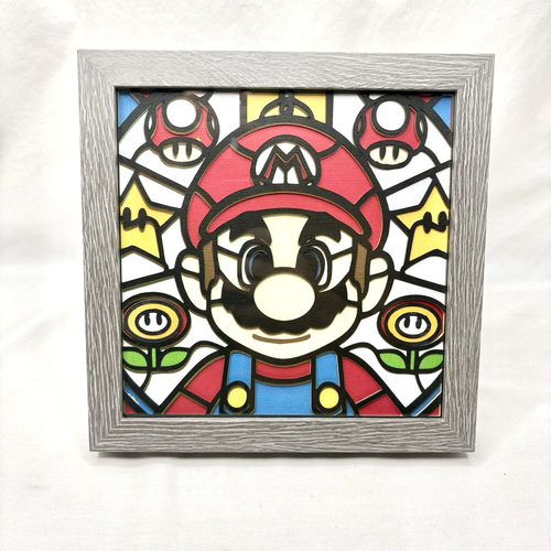 Super Mario Framed Photo 9x9 Glass Faux Wood Sturdy Nintendo Gamer Man Cave - Picture 1 of 9