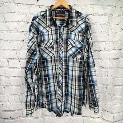 Rock & Roll Cowboy Shirt Men's XXL Black/Blue/ White Plaid Snap Rodeo
