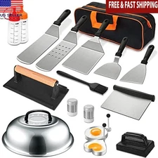 18 PCS Griddle Tools Set BBQ Camping Spatulas Scraper Basting Cover Storage Bag