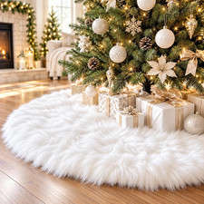 48 Inch White Faux Fur Christmas Tree Skirt, Luxury Plush Tree Base Cover for Ho