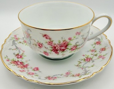 Vintage Hutschenreuther Selb Bavaria Pink Roses Blue Scrolls Cup