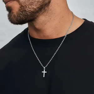 Collana Croce Acciaio inox argento catena ciondolo Idea Regalo Natale Uomo Donna