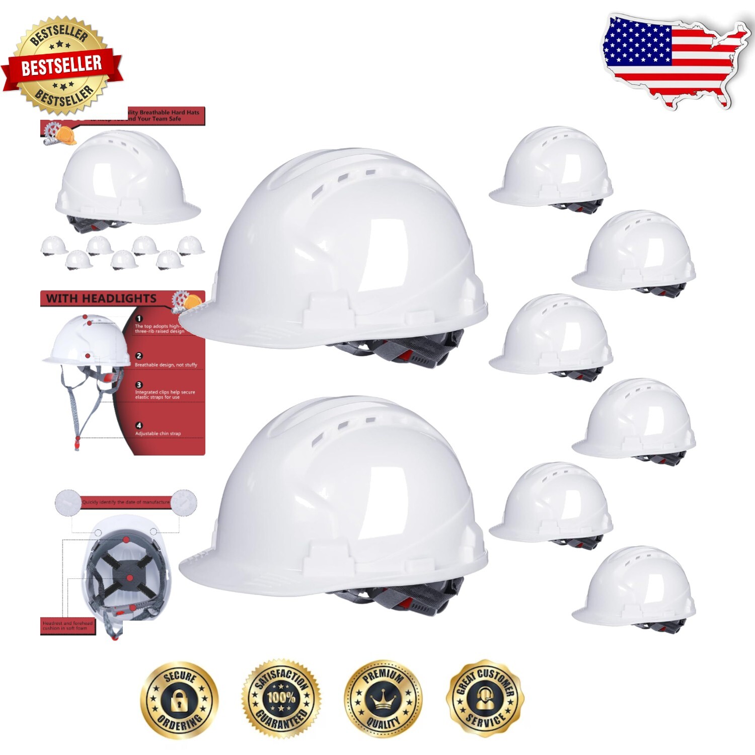Comfort-Focused 8-Piece Hard Hat Set with Ratchet Suspension for Work Safety