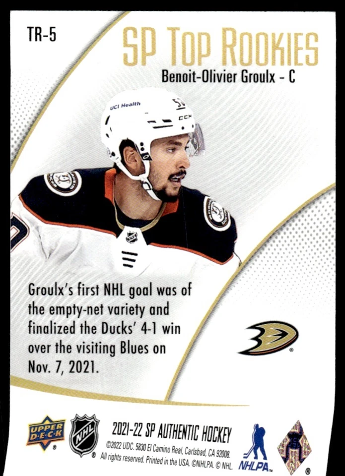 2021-22 SP Authentic Top Rookies Benoit-Olivier Groulx Anaheim Ducks #TR-5 - Image 2 of 2