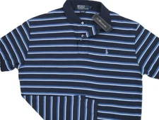NEW Polo Ralph Lauren Polo Shirt! Navy Blue White Stripe  Smooth Cotton RUNS BIG