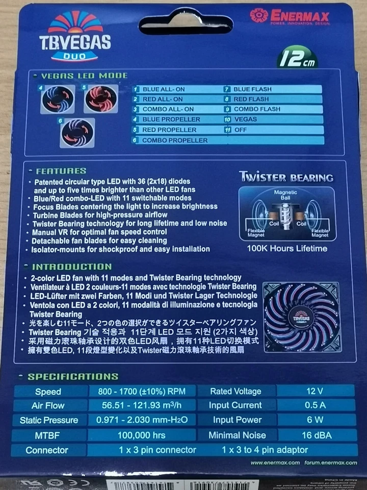 Enermax T.B.Vegas Magnet Bearing 12cm case fan, Detachable blade Blue/Red 36 LED - Image 3 of 4