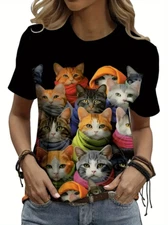 Snugly Cats Tee For Women Crew Neck Womens Top Printed Cat T Shirt Vivid Image