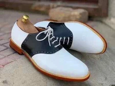 Men's Handmade Black & White Two Tone Leather Lace-up Oxford Casual Dress Shoes