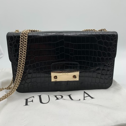 Bolso de hombro FURLA de cuero negro en relieve en muy buena condición cadena cruzada estampado animal - Imagen 2 de 14