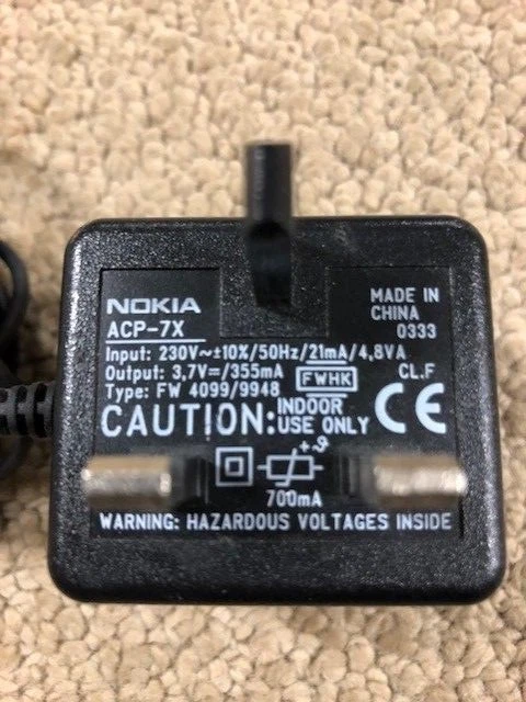 Cable de alimentación para teléfono celular Nokia ACP-7X ACP-230V/50-HZ/FWHK 3.7V/355MA FW4099 Foto 2 de 4
