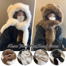 Women's Warm Plush Bear Hat Scarf Gloves Set Winter Keep Warm.