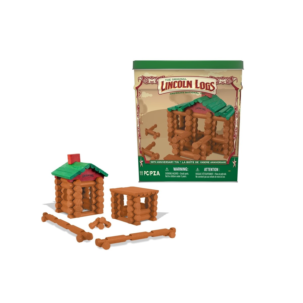 Lincoln Logs – 100th Anniversary Tin, 111 Pieces, Real Wood Logs