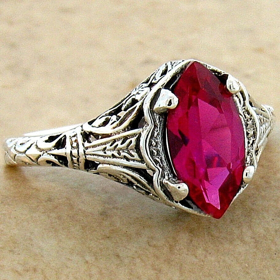 ANILLO FILIGRANA RUBÍ ESTILO ART DECO PLATA ESTERLINA 925 CREADO EN LABORATORIO 1,20 QUILATES 625X Foto 3 de 4