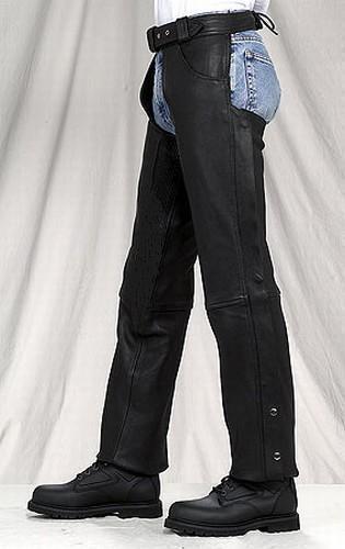 NEW Comfort Black Leather Motorcycle Chaps Insulated Snap out lining Sizes XS, S - Foto 1 di 1