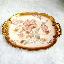 13" Victorian Adderley GOLD  Tray Platter Handpainted Wild Roses England Crazed